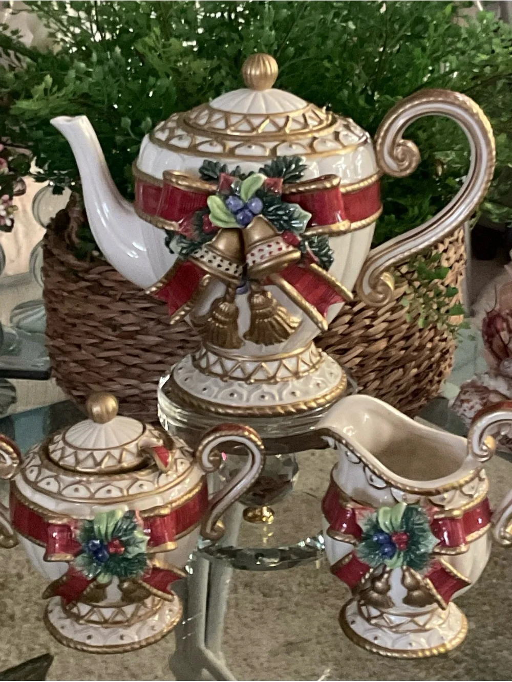 Festive White & Red Holiday Teapot Set with Gold Accents
